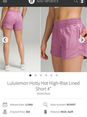 Lululemon Hotty Hot HR 4” short sz 8 Velvet Dust